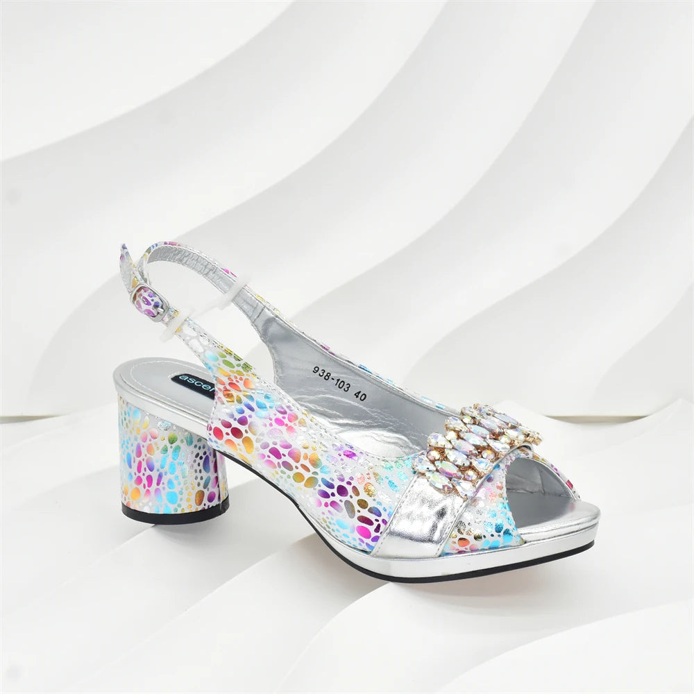Rhinestone Design INS African Shoes and Bag Set in Silver Color Open Toe Comfortable Women Heels