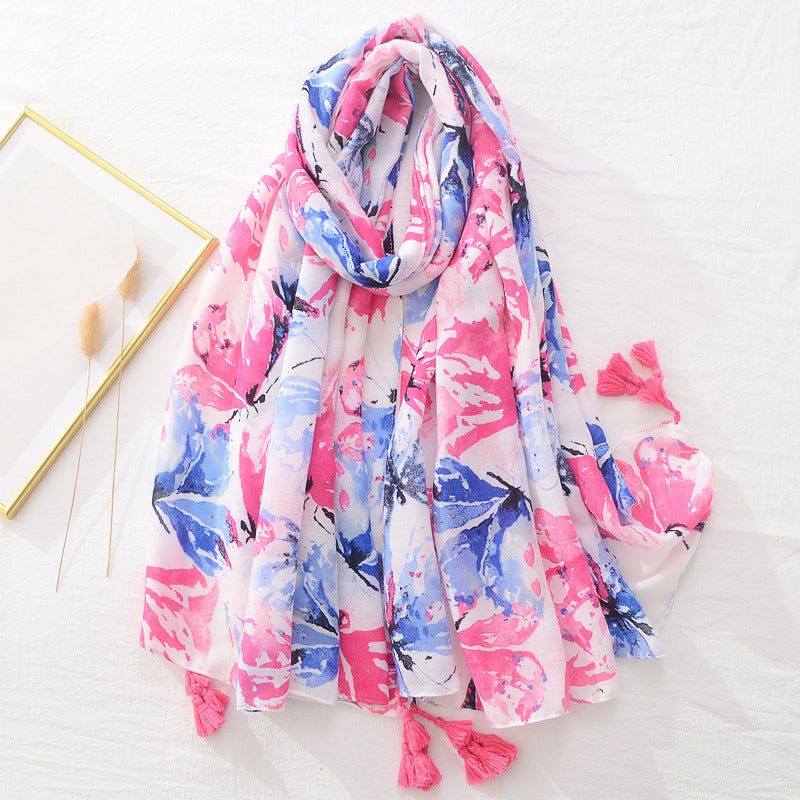 Spring Scarf Pink Blue Floral Paisley Printed Scarves Women Lady Girl Cotton Linen Bohemian Scarf For Summer Beach Shawl Bandana