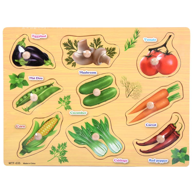 Montessori Wooden Puzzles Hand Grab Boards Toys Tangram Jigsaw  Educational Toys Cartoon Vehicle Animals Fruits 3D Puzzles