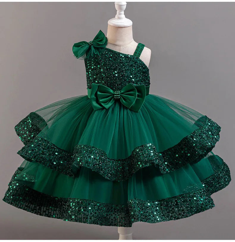 New Girls Sequin Tulle Cake Dress - Sparkling Layered Princess Gown for Baby‘s 1st Birthday & Banquet