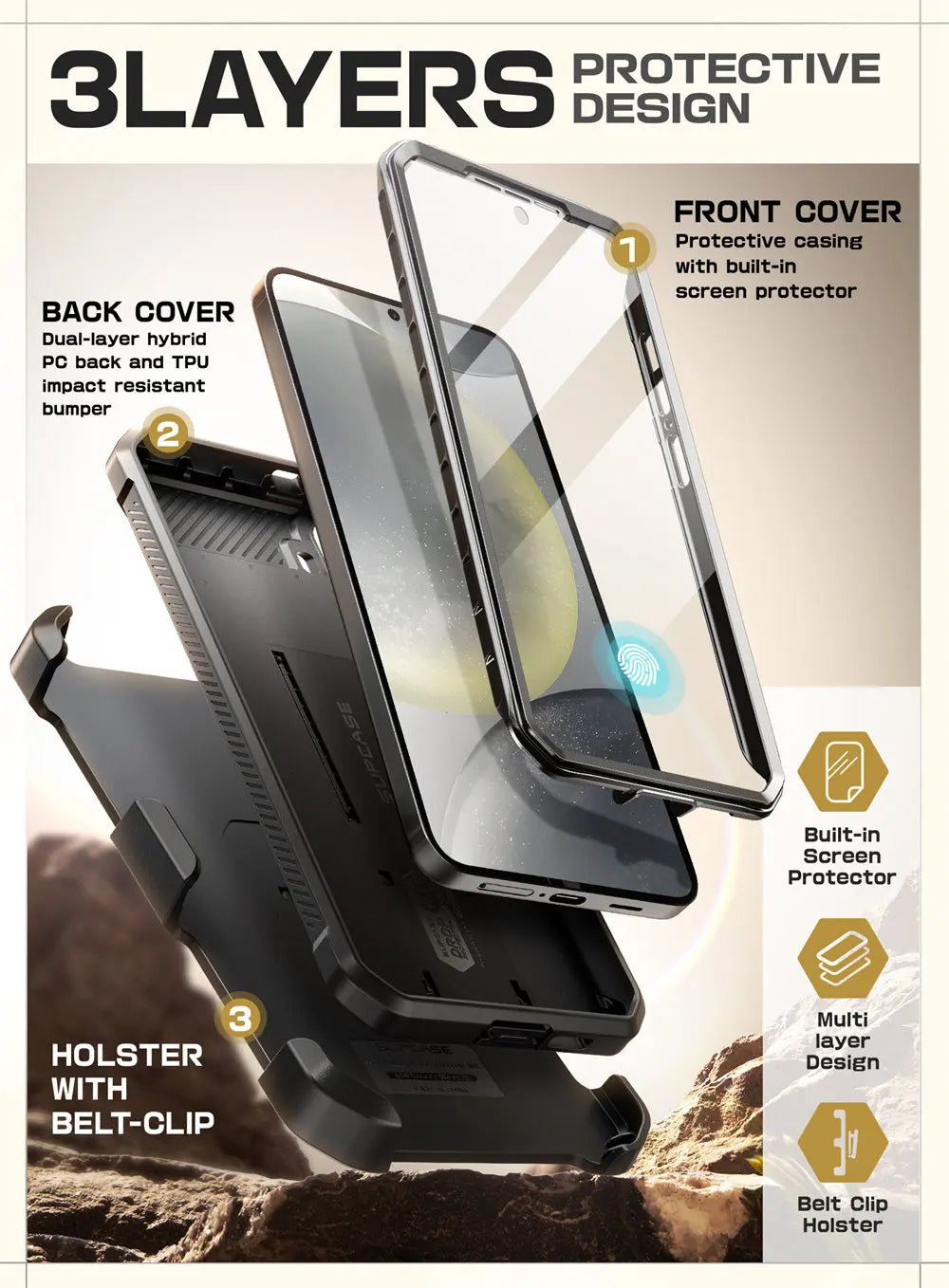 For Samsung Galaxy S25 Case UB Pro Heavy Duty Rugged Phone Case with 2 Front Frame Built-in Screen Protector & Kickstand