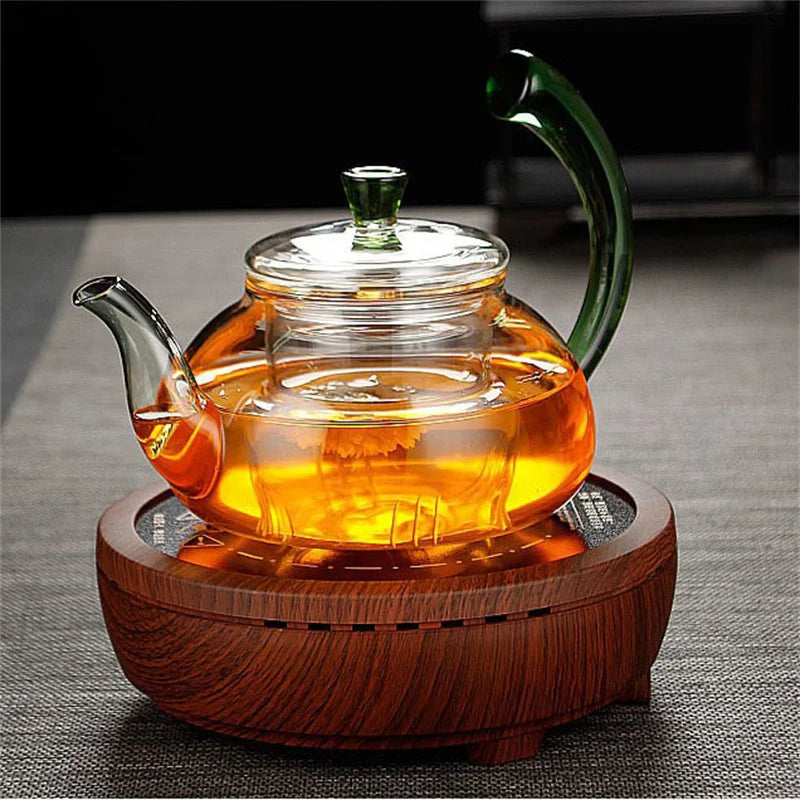 Heat Resistant Clear Glass Teapot with Infuser and Color Warped Handle