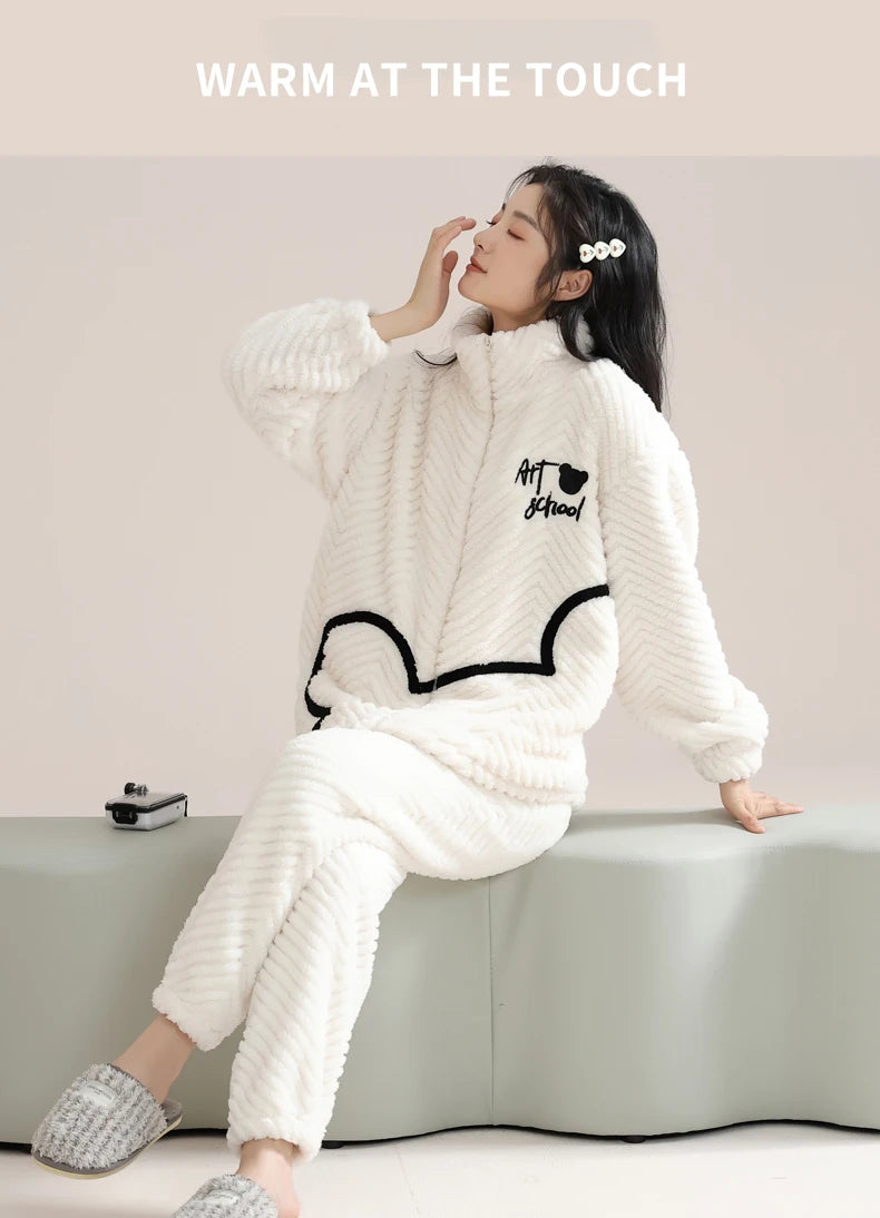 Women’s Winter Flannel Pajama Set – Warm Coral Fleece Loungewear with Cute Bunny Design