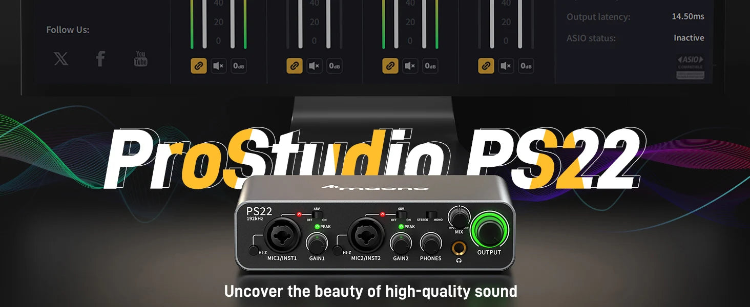PS22 USB Audio Interface for PC,60dB Pro-Preamp, 24bit 192kHz,Dual USB Interface for PC and Smartphone, Routing Software