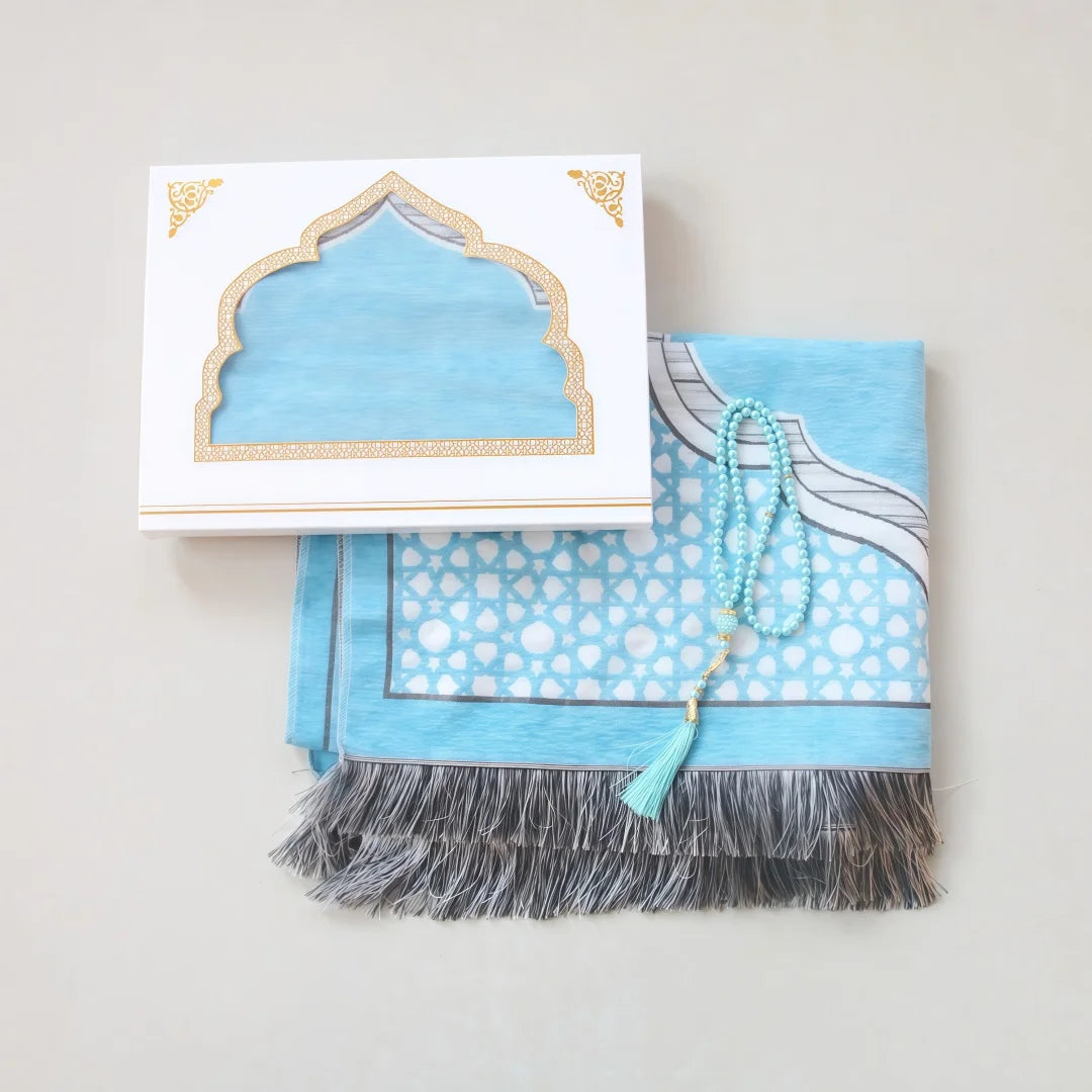 Islamic Prayer Rug with Tasbih Beads Ramadan Eid Gift Set Premium Prayer Mat in Gift Bag or Box Ideal for Muslim Men Women
