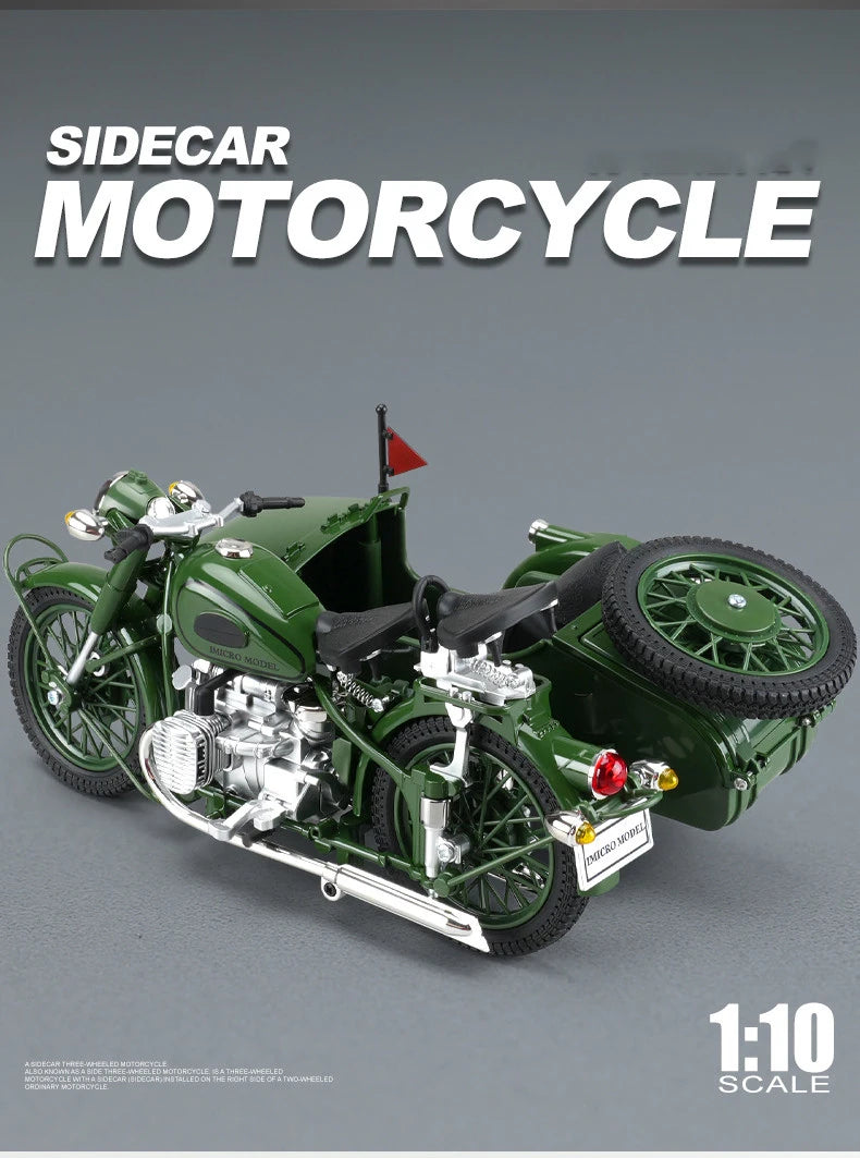 1/10 Alloy Retro Tricycle Side-car Motorcycle Model Diecast Metal Classic Military Motorcycle Model Sound and Light Toy Gift