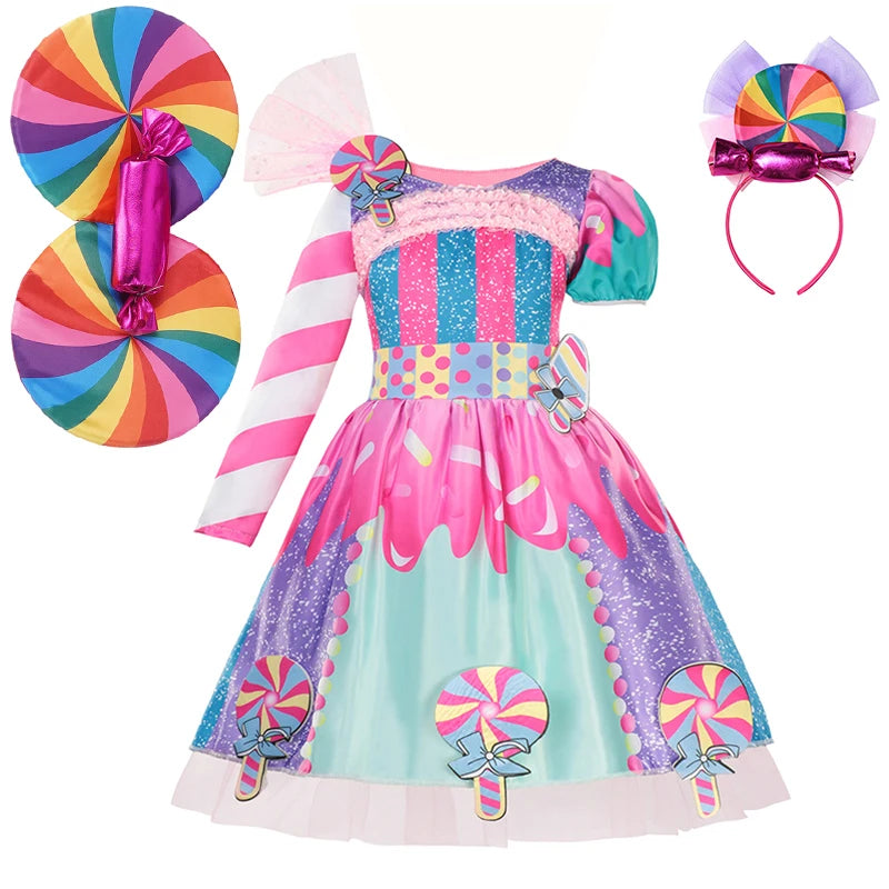 Girls Purim Festival Lollipop Costume Children Puff Sleeve Candy Costume Kids Sweet Lollipop Print Birthday Party Dresses