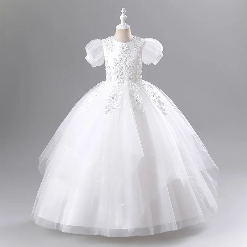 Girls Princess Ball Gown - Fluffy Tulle Party Dress for Flower Girl/Birthday/Pageant | Sparkly Puffy Sleeve Wedding Dress