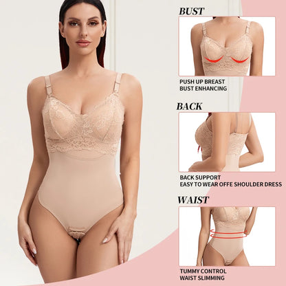 Lace Thongs Bodysuit Shapewear Women Seamless Full Body Shaper Waist Slim Tummy Control Underwear Flat Belly Smooth Corset Nude