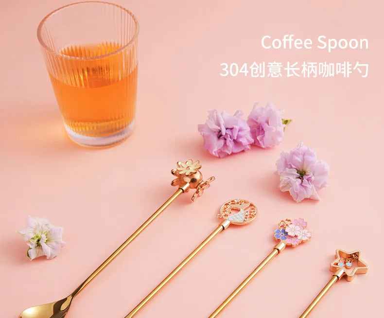 Colorful Cherry Spoons Long Handle Dessert Spoon 304 Stainless Steel Petal Teaspoons Catoon Blossom Star Fish Shape Home Decor