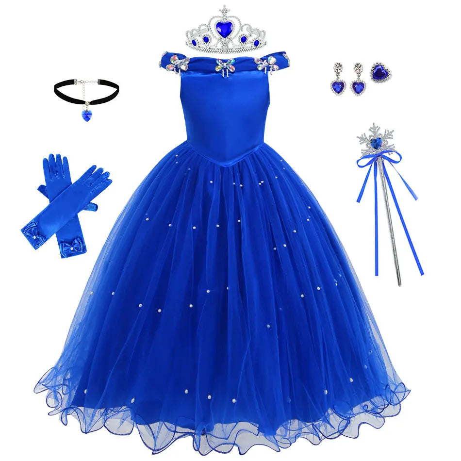 Christmas Halloween Blue Ball Gown - Girls Pearl-Embellished Tulle Dress with Lace Sleeves Princess Birthday Party Dress for Kid