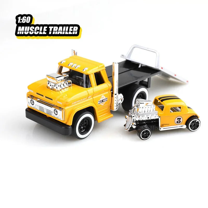 1:60 Scale American Muscle Alloy Trailer Cars Diecast Models Toys with Sound Light Pull Back Vehicle Boys Collection Gifts