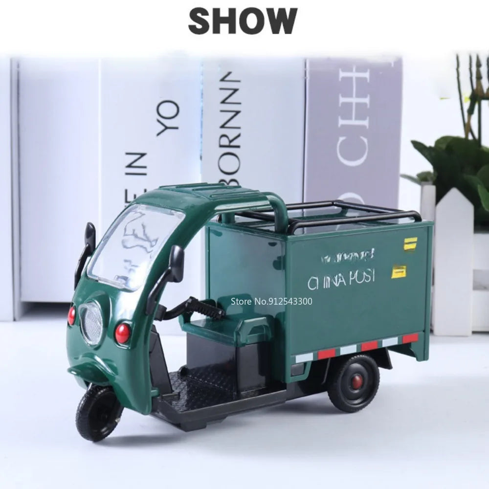 1/32 Scale Express Delivery Tricycle Model Car Toy Steerable Front Wheels Sound Light Pull Back Vehicle Models Gifts for s