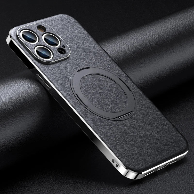 Leather for Magsafe Case for iPhone 16 15 14 Pro Max 16Pro Ring Luxury Lens Protection Holder Phone Back Cover