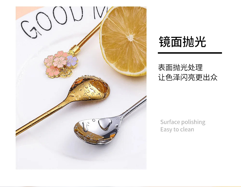 Colorful Cherry Spoons Long Handle Dessert Spoon 304 Stainless Steel Petal Teaspoons Catoon Blossom Star Fish Shape Home Decor