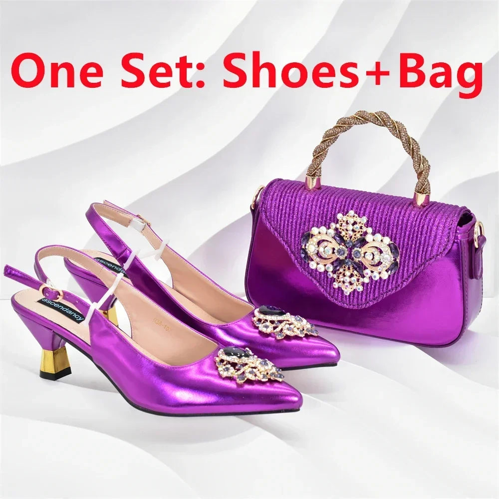 Latest Party Shoes and Bags To Match for Nigerian Luxury Pointed Toe Shoes with Rhinestones Party Ladies Shoes and Bag Set