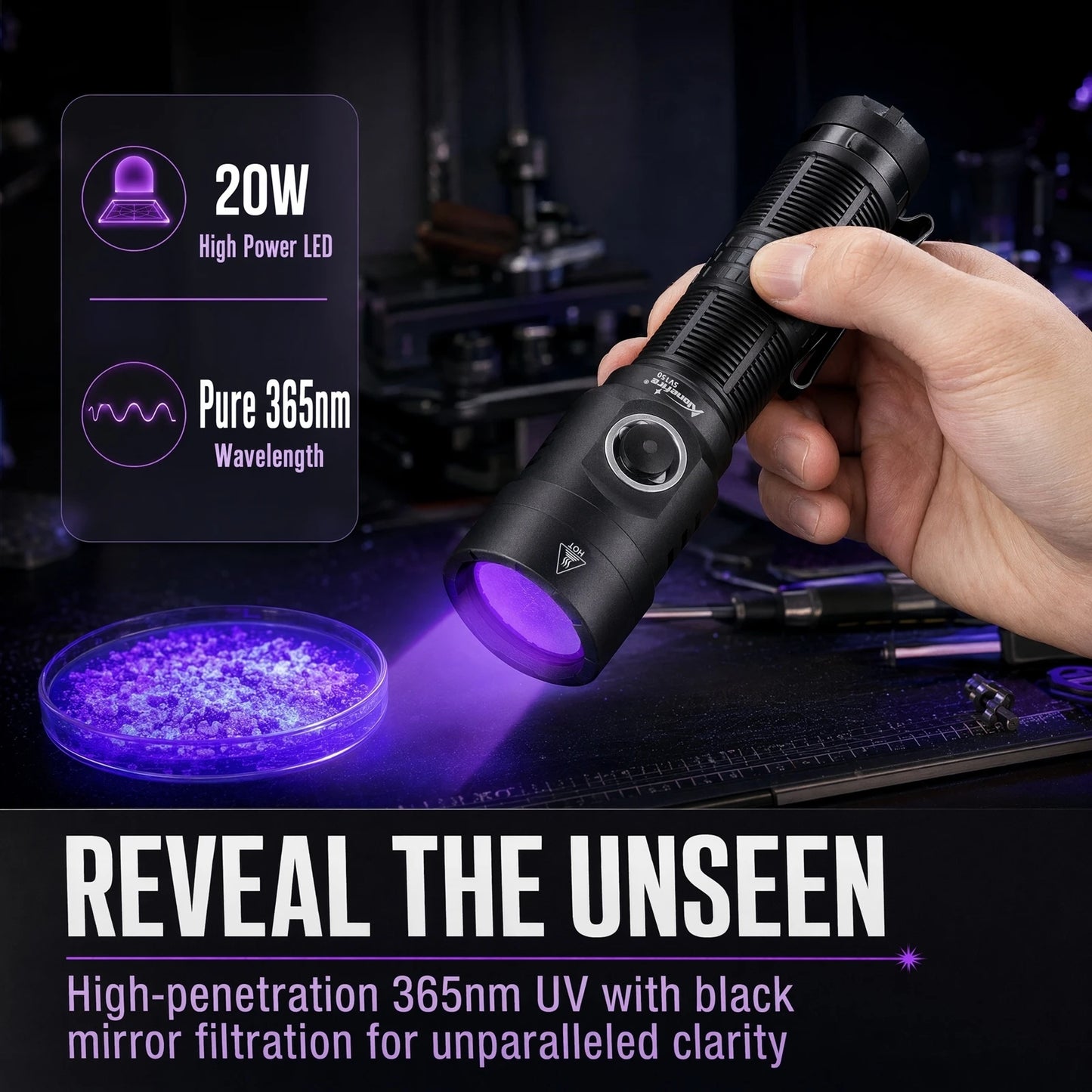 20W 365nm UV Rechargeable Blacklight Flashlight