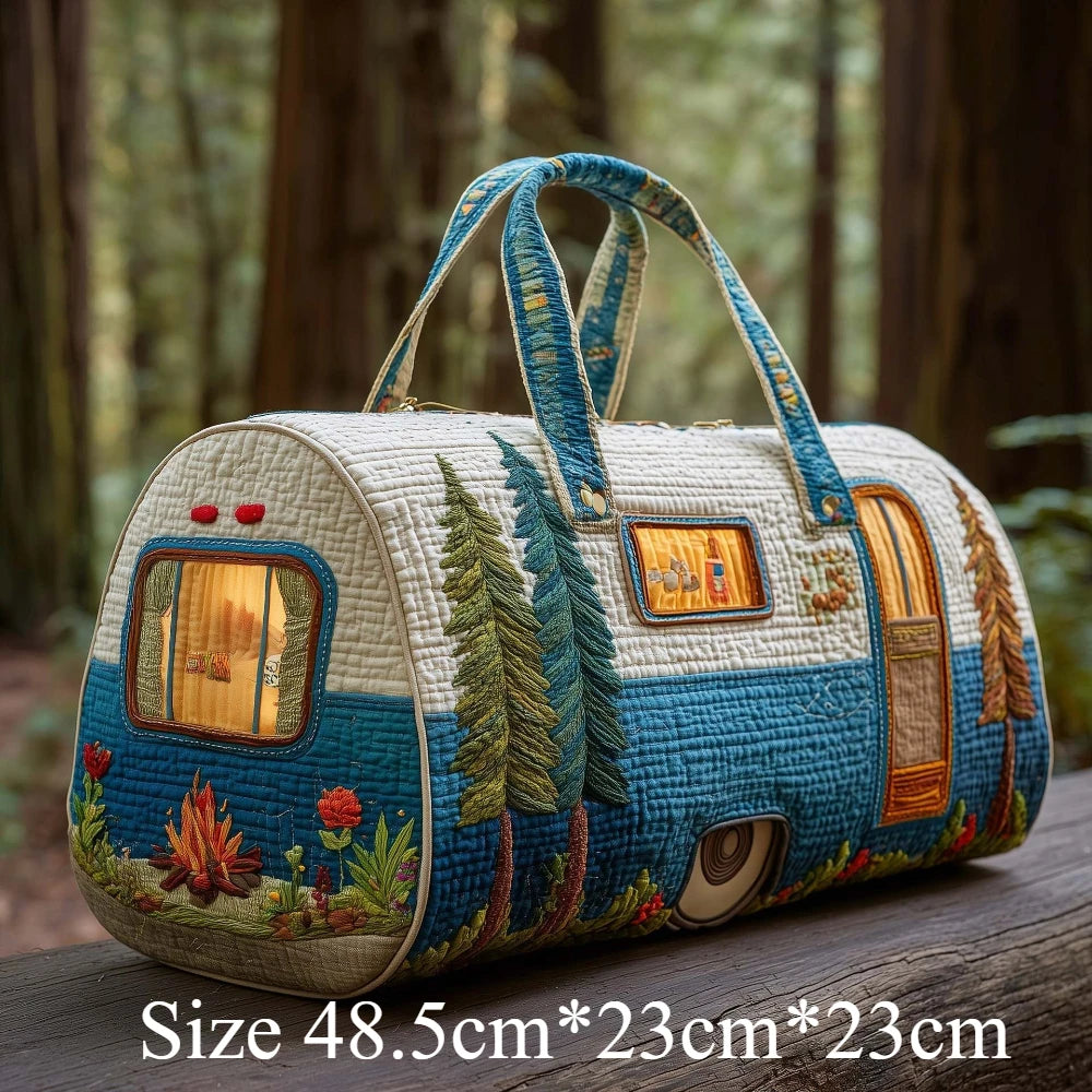 Handmade Quilted Travel Bag Vintage Artistic Camper Nature Duffle Bag Boho Weekender Tote for Men Women Camping Hiking Road Trip