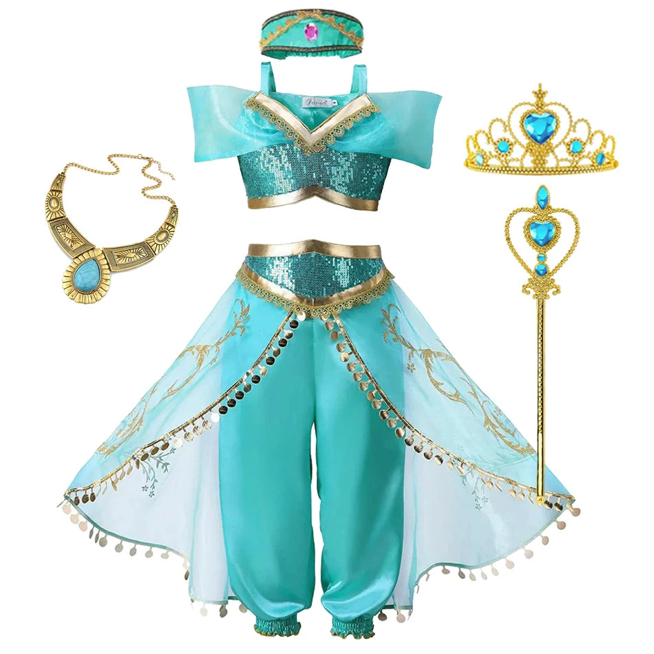 Girls Jasmine Dress Aladdin Princess Magic Lamp Carnival Birthday Clothing Vestidos Halloween Party Cosplay Costume