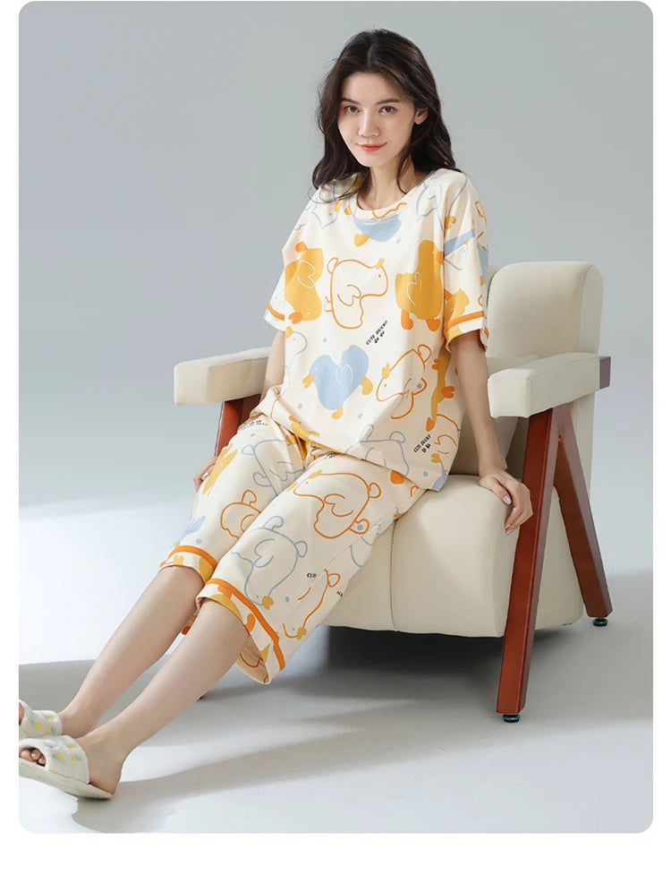 2-Pcs Women’s Summer Cotton Pajama Set – Short Sleeve Top & Calf-Length Pants with Cute Prints