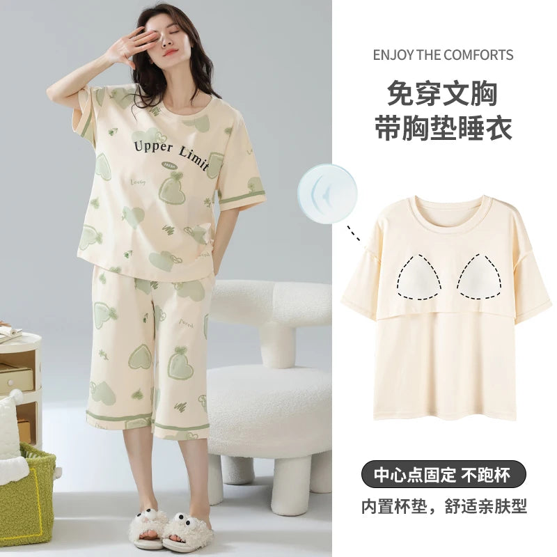 2-Pcs Women’s Summer Cotton Pajama Set – Breathable Short Sleeve Sleepwear with Cute Prints