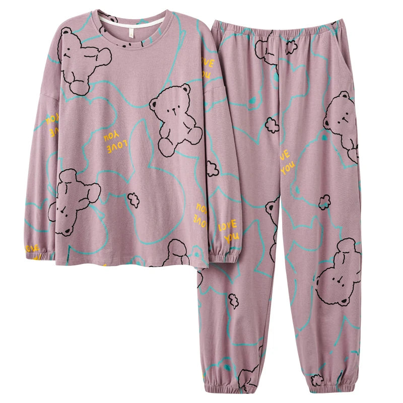 Women’s Cute Lazy Style Cotton Pajama Set – Soft, Loose Long Sleeves & Pants