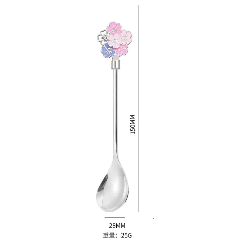 Colorful Cherry Spoons Long Handle Dessert Spoon 304 Stainless Steel Petal Teaspoons Catoon Blossom Star Fish Shape Home Decor
