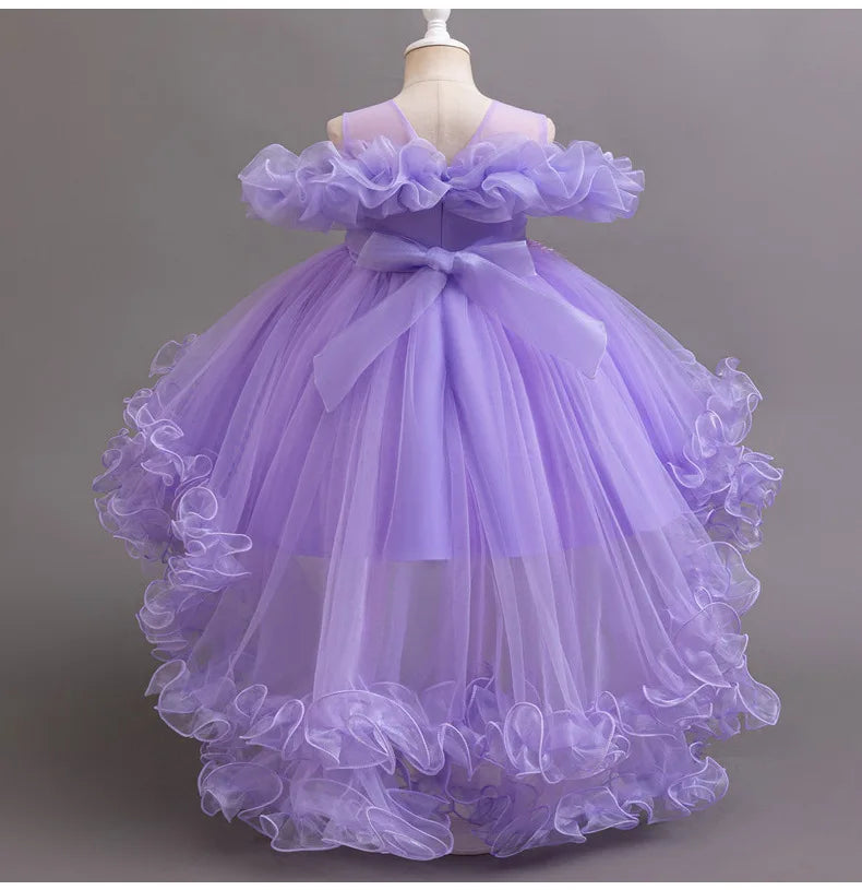 Luxury Off-Shoulder Girls' Dress - Convertible Tulle Ball Gown for Birthday Parties & On-Stage Events