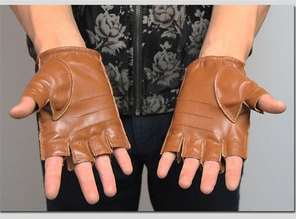 Mens Sheepskin Half Finger Gloves For Fitness Driving High Quality Genuine Leather Gloves Fingerless Brown Driver Sports Cycling