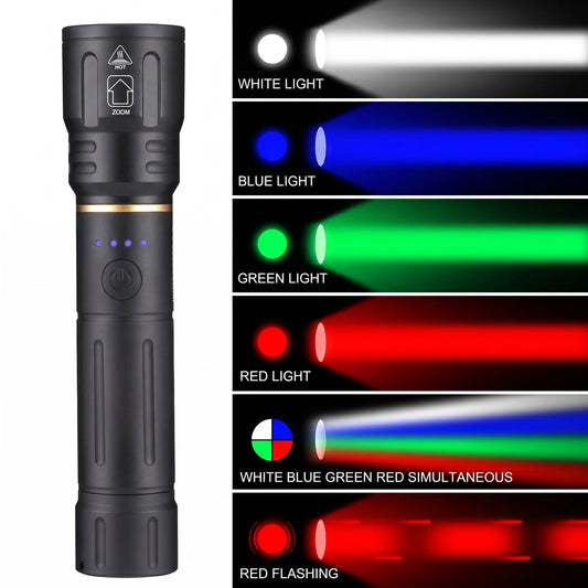 4 In 1 RGB Rechargeable Zoom LED Flashlight