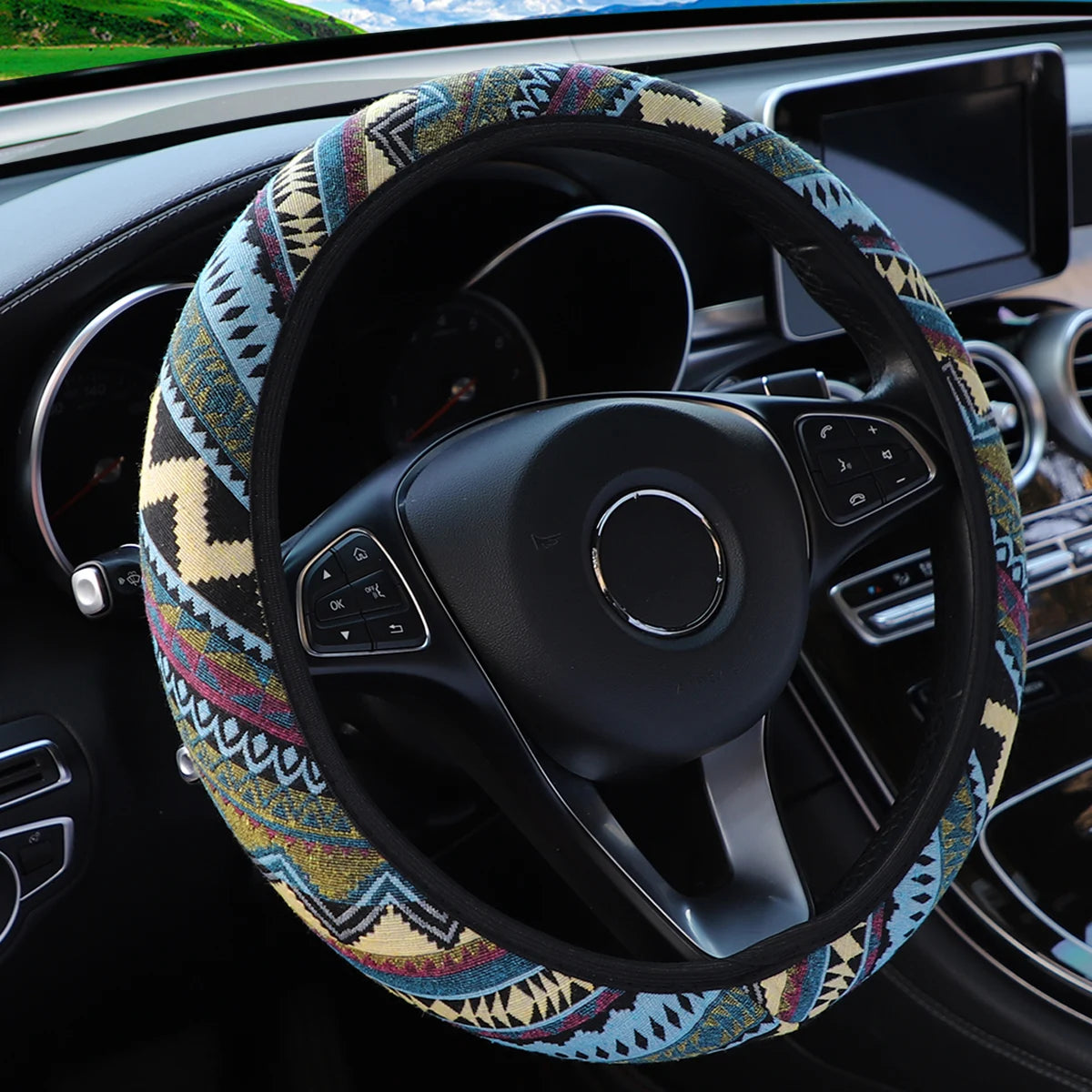 Bohemian Linen Fabric Car Steering Wheel Cover 37CM 38CM