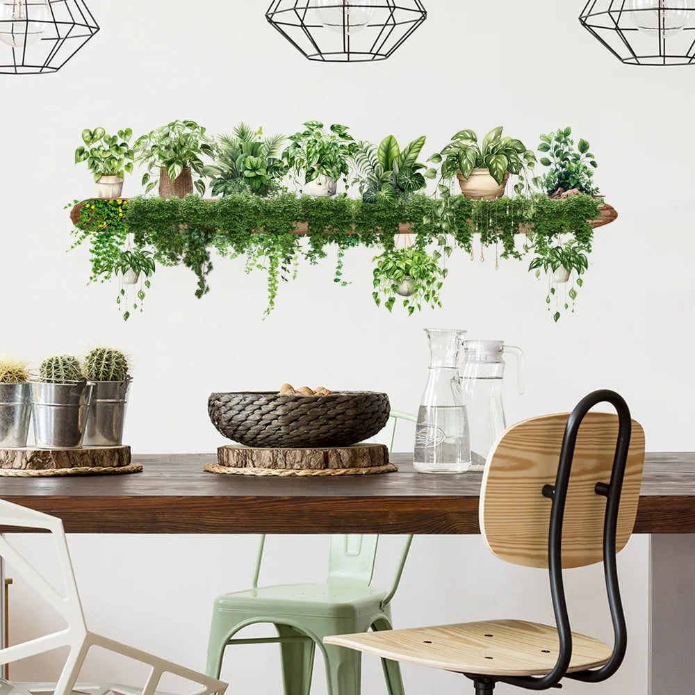 Green Vine Dill Leaves Flower Hanging Basket Wall Stickers Bedroom Dining Living Room Kitchen Green Plant Home Decor Wall Decals