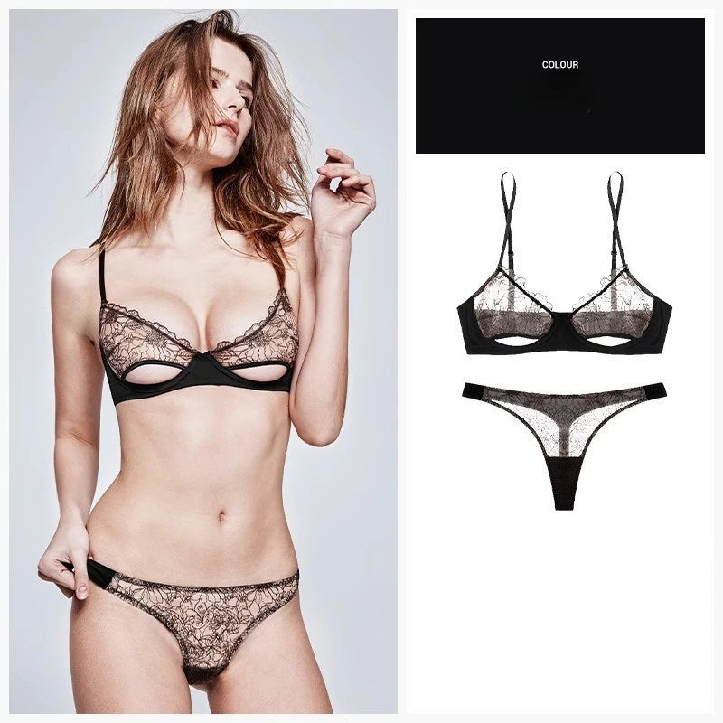 Womens French Lace Underwire Push Up Bra and Brief Set
