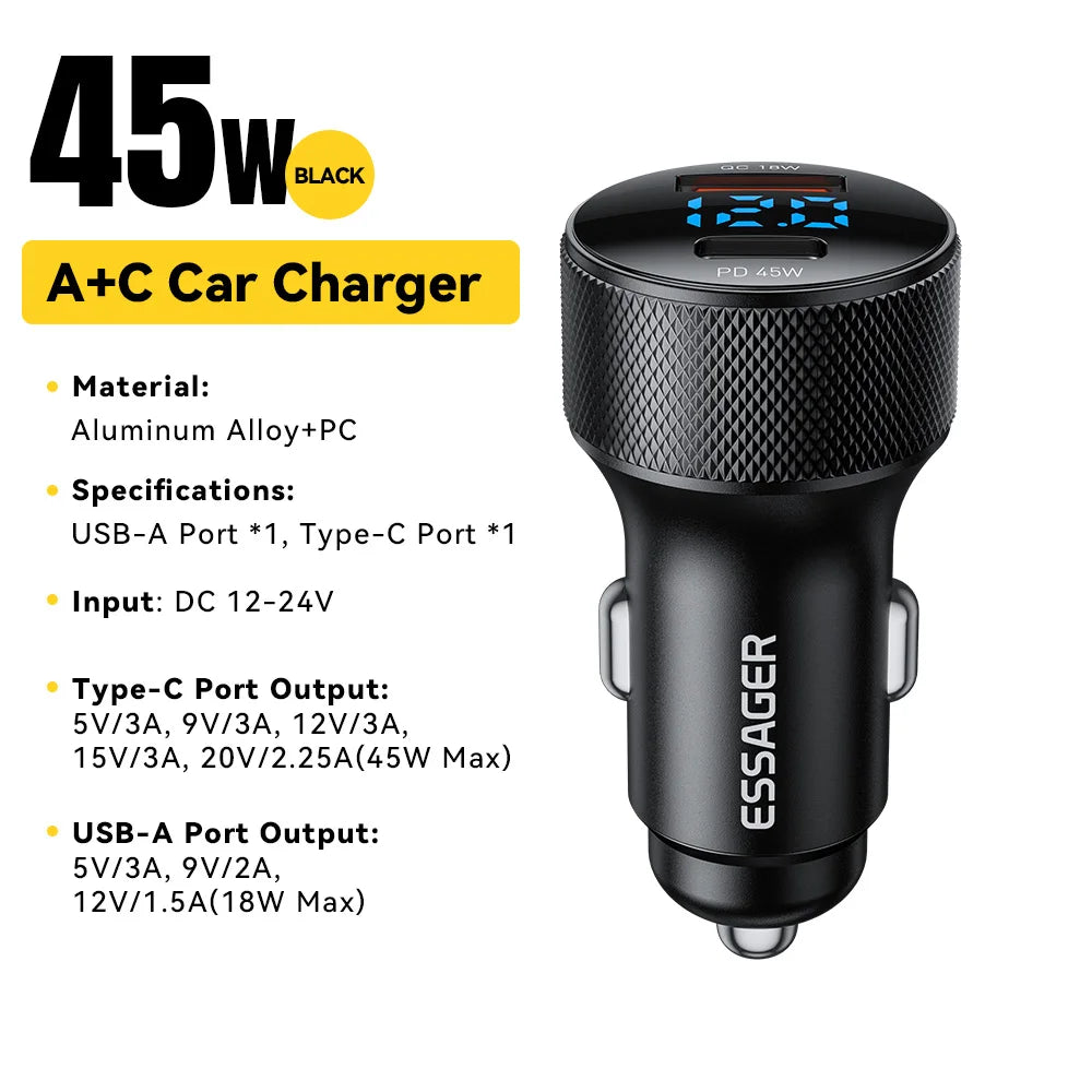 45W USB C Car Charger PD3.0 QC3.0 Fast Charging 2 Port Adapter with Digital Display