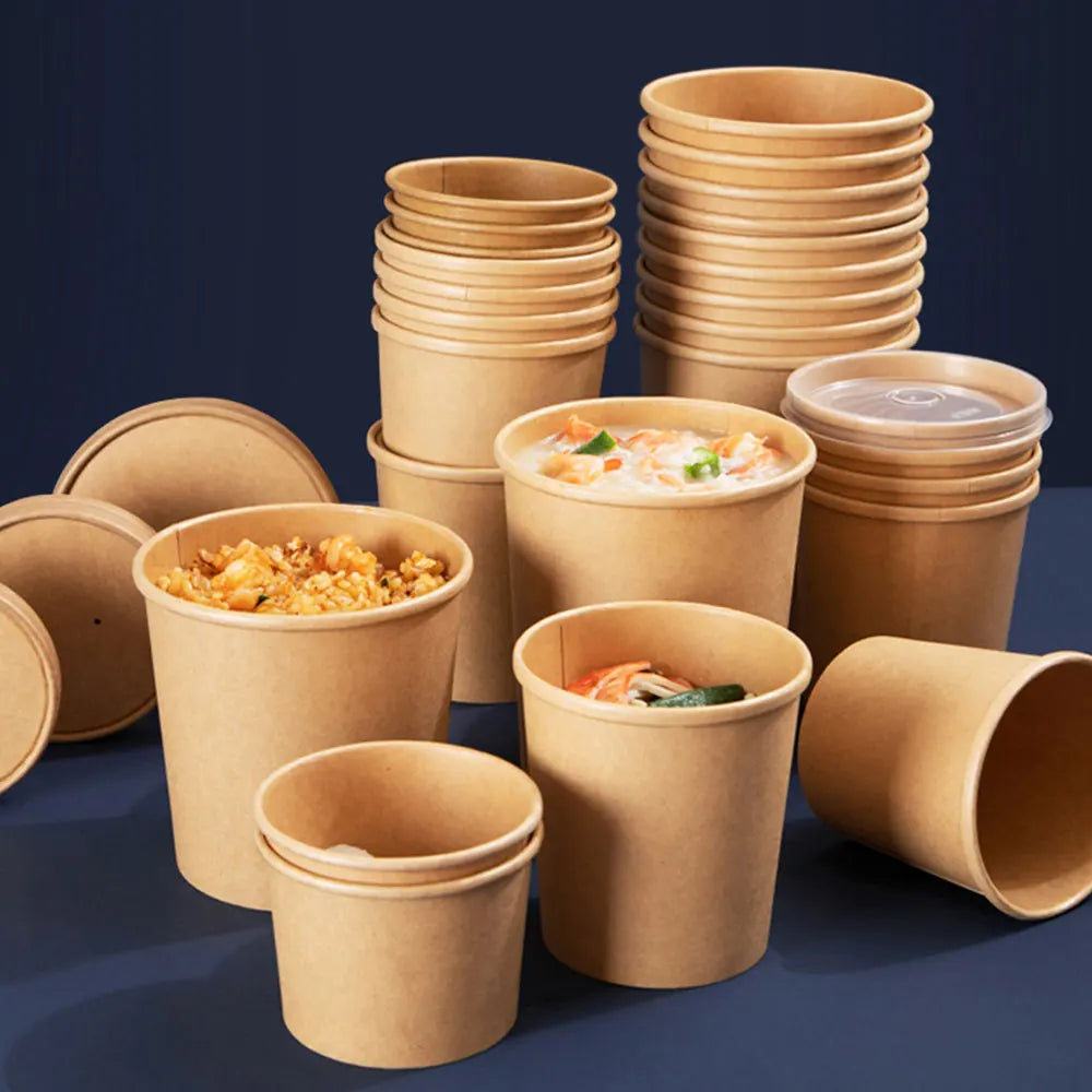 10pcs High Quality Disposable Kraft Paper Bowl 260ml Round Salad Dessert Food Snack Ice Cream Takeaway Packaging Cup with Lids