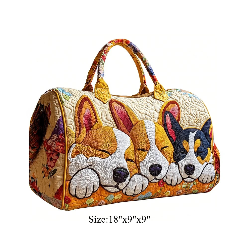 Cute Corgi Dog Print Quilted Duffel Bag Women 3D Puppy Print Travel Weekender Casual Gym Sports Overnight Carry On Bags