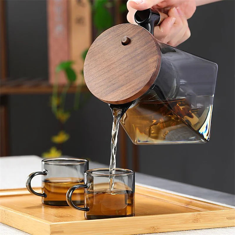One Click Tea Separation Filtration Bottom Mountain View Glass Teapot With Wood Handle 700ml Kungfu Tea Water Separation Tea Pot