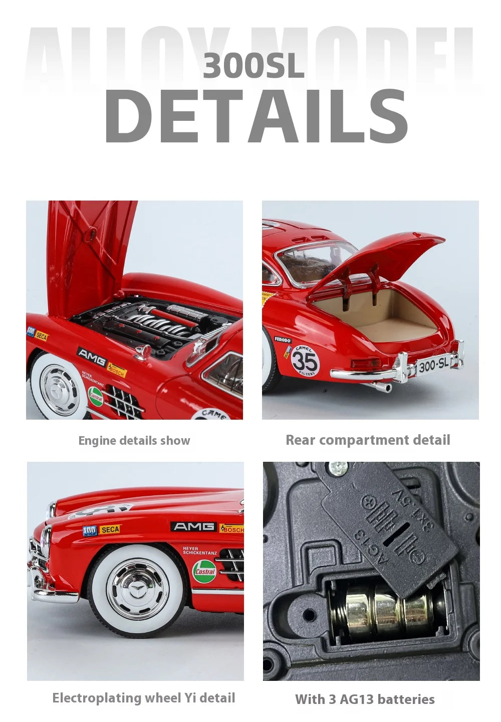 1:24 Mercedes-Benz 300SL Electroplated Version Alloy Diecast Classic Car Model Display Collection