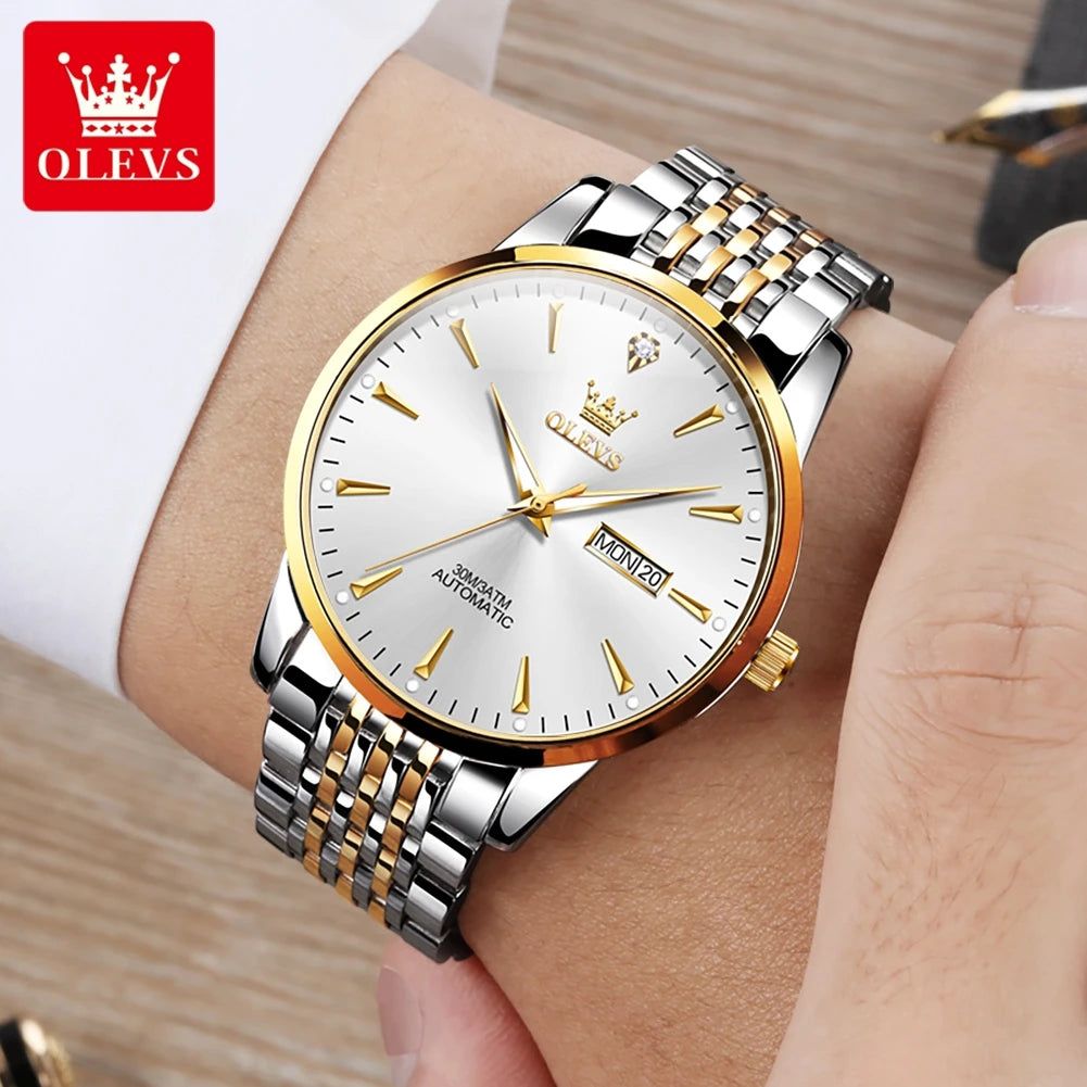 Dual Calendar Display Automatic Watch Stainless steel Luminous Waterproof Luxury Brand Business Men's Wristwatch