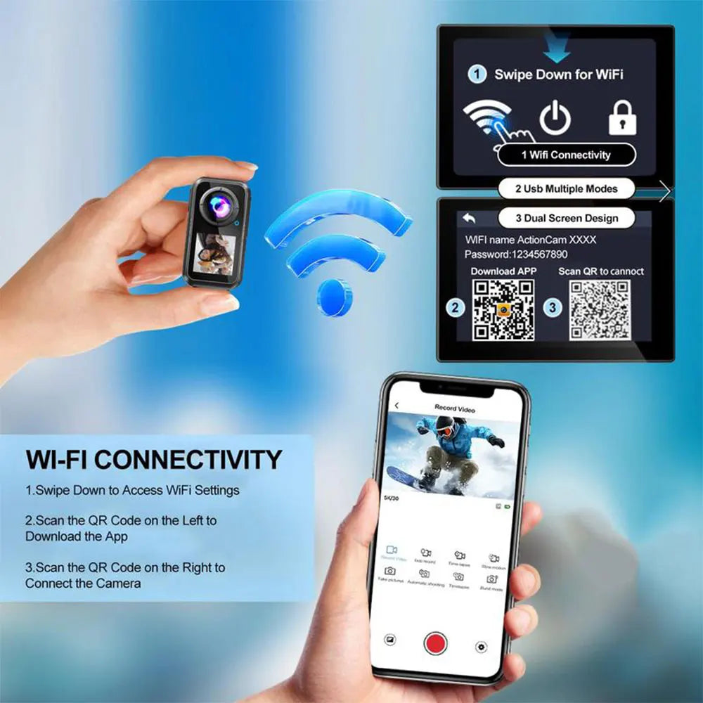 5K Thumb Action Camera 4K 60FPS Waterproof Magnetic Sports Body Cam with 6-Axis Stabilization WiFi Touch Screen