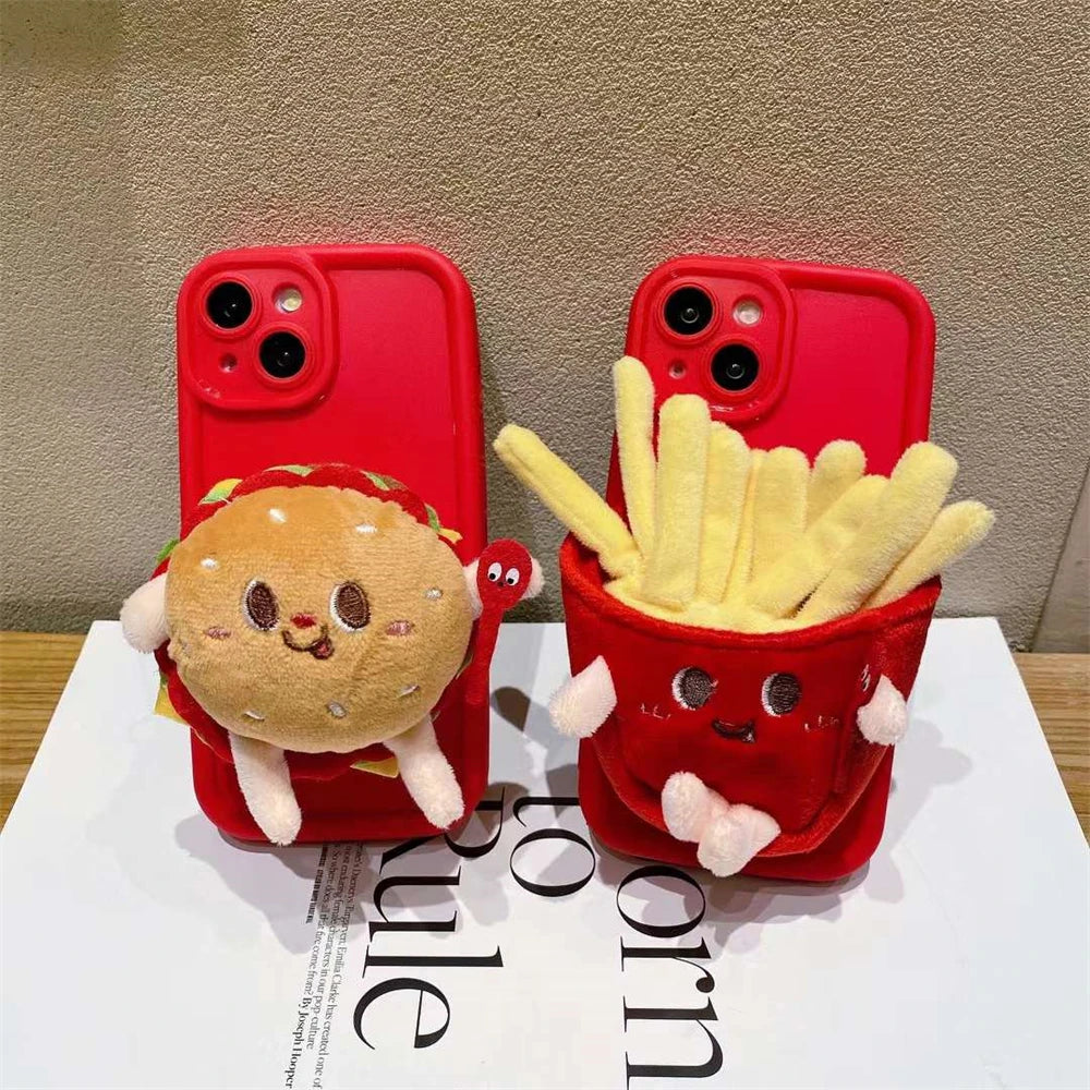 Cute 3D Cartoon Burger Fries Holder Case For iPhone 15 14 13 Pro Max Plus Funny Lovely Korea Silicone Soft Back Cover