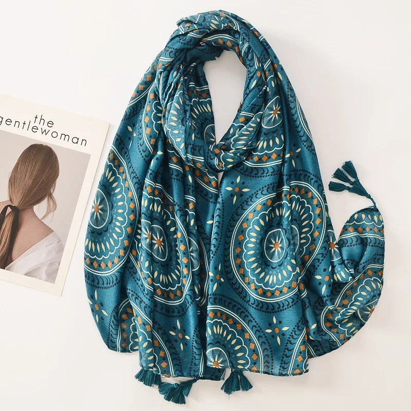 Beige Coffee Scarf Luxury Thin Women Scarves Spring Floral Hijab Veils Soft Cotton Shawl Wrap Tassel Viscose Muslim Woman Hijab