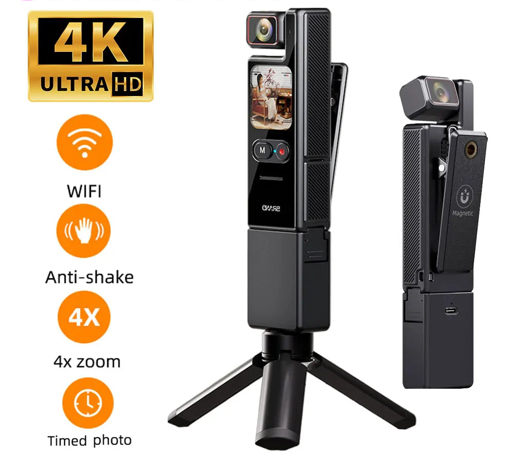 4K Pocket Action Camera 4x Zoom Touch Screen Anti-Shake Digital  Vlogging Camera Waterproof HD Sports DV Portable Video Recorder