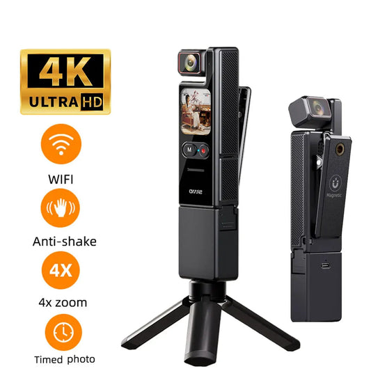 4K Pocket Action Camera with 4X Zoom Touch Screen Anti-Shake Waterproof Vlogging Sports Video Recorder