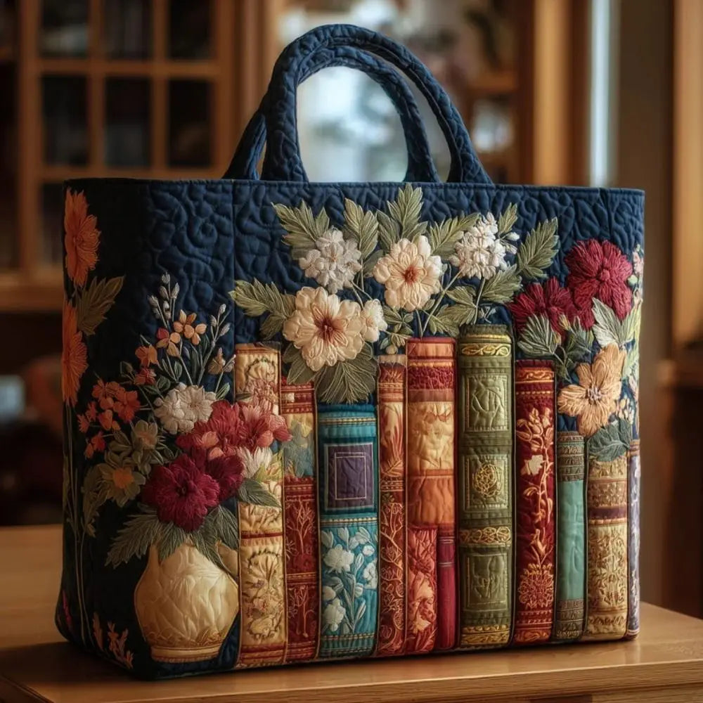 Cat Print Quilted Canvas Tote Bag Large Capacity Floral Shoulder Tote