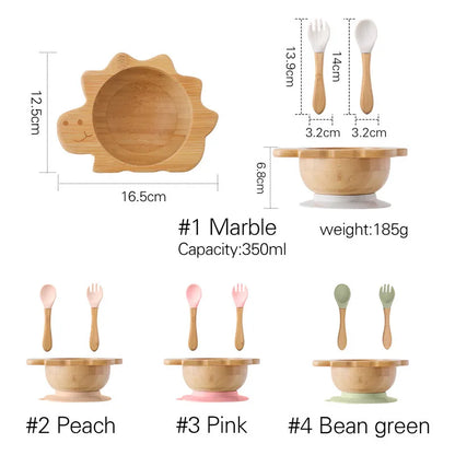 Baby Wooden Tableware Set Sun Bamboo Wooden Plate Bowl Silicone Suction Wooden Handle Fork Spoon for Newborn Feeding Supplies