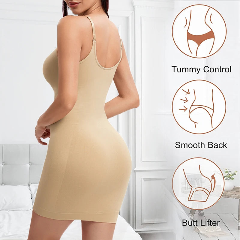 Full Slip Shapewear Women Dress V Neck Bodycon Underwear Smooth Compression Body Shaper Slimming Waist Abdomen Belly Corset