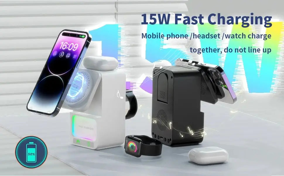 Bluetooth speaker charger with five in one speaker and wireless fast charging suitable for Apple Aeries phones/headphones/watche