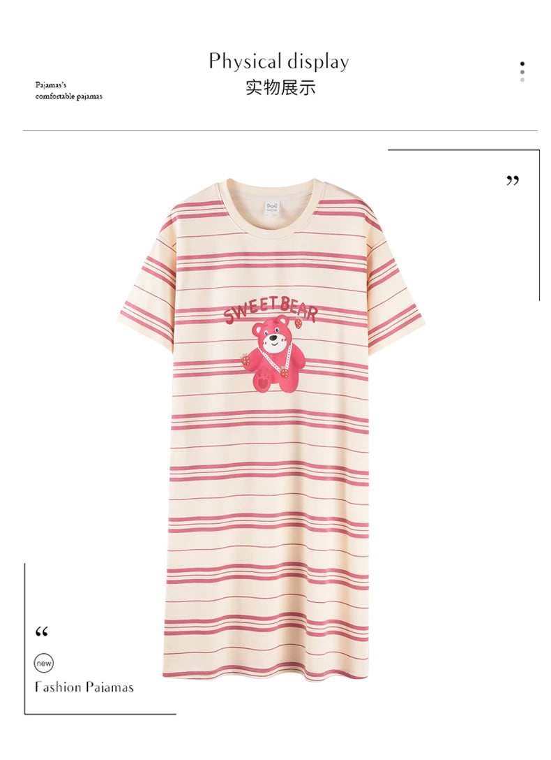 Women’s Cotton Nightgown – Korean Style Cute Print, Summer Short Sleeve Sleepwear Dress