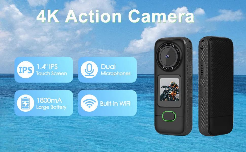 4K WiFi Action Camera Waterproof Mini Sports Camera with Touch Screen for Motorcycle Travel Body Cam